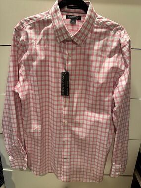Banana Republic Men's Pink and White Plaid Dress Shirt